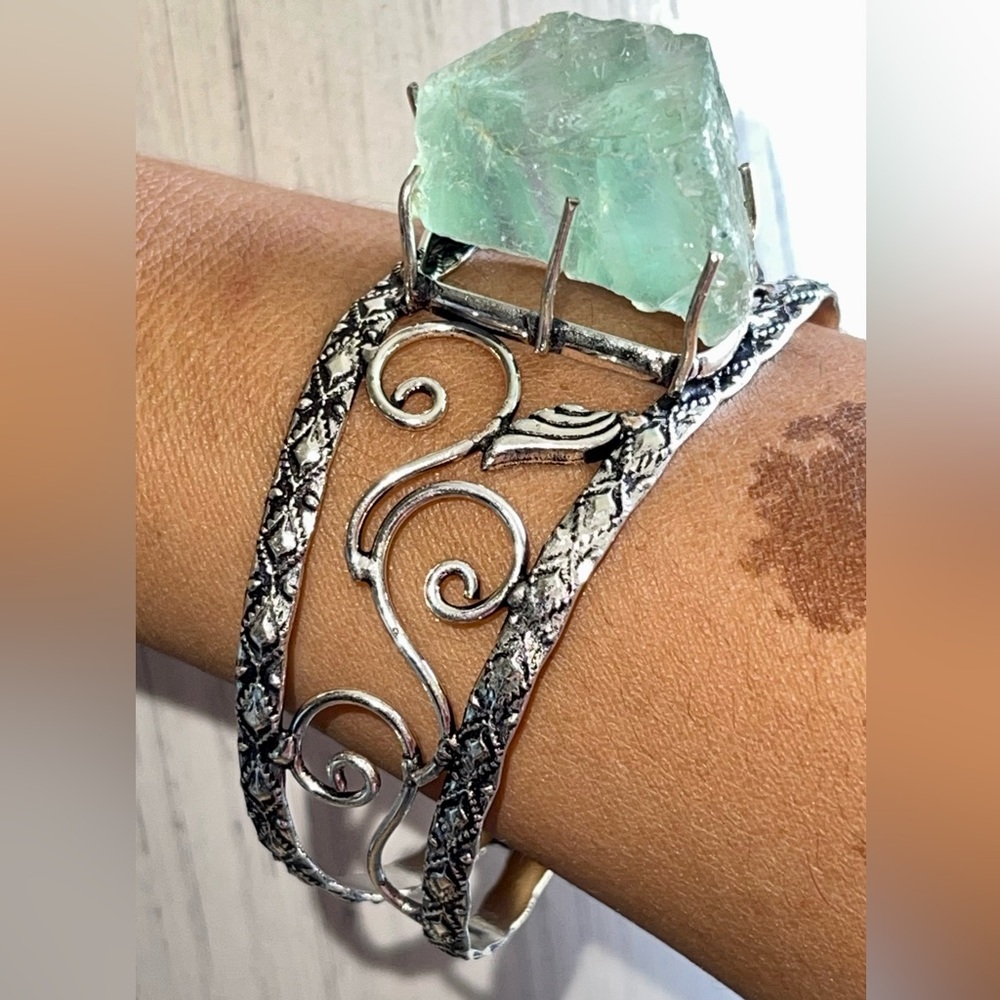 Translucent Green Rough Fluorite Cuff- Adjustable - Picture 2 of 9